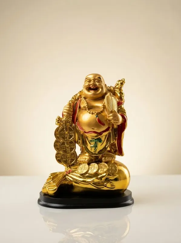 Golden Laughing Buddha Standing on Wealth Sack Statue