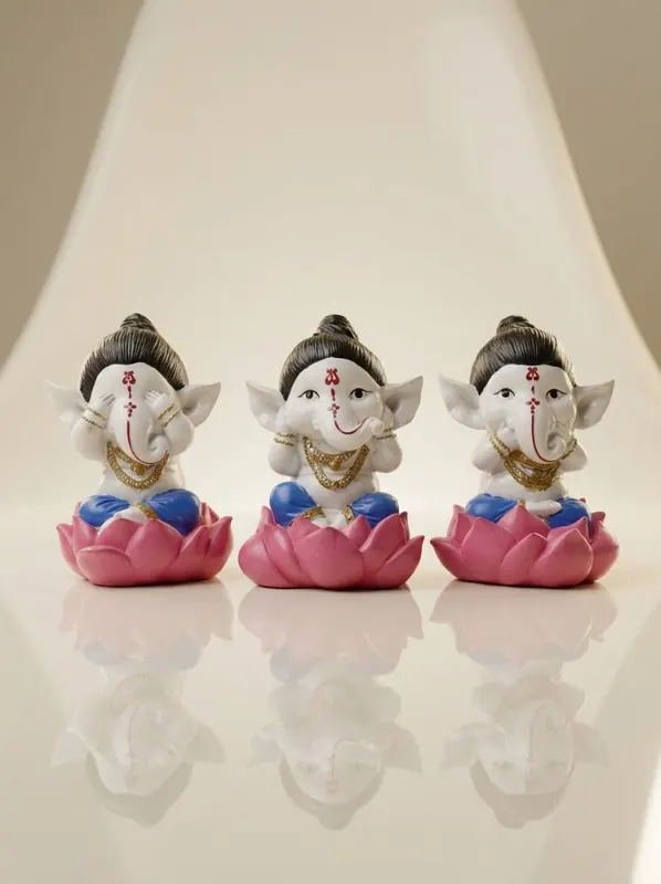 Three Wise Bal Ganesha Lotus Idols