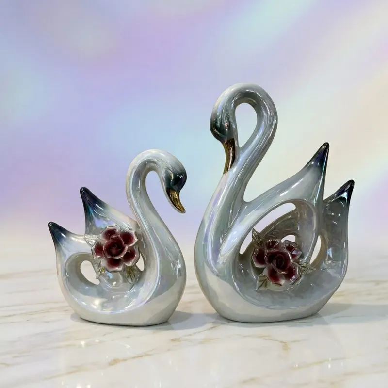 Premium Iridescent Ceramic Swan Couple