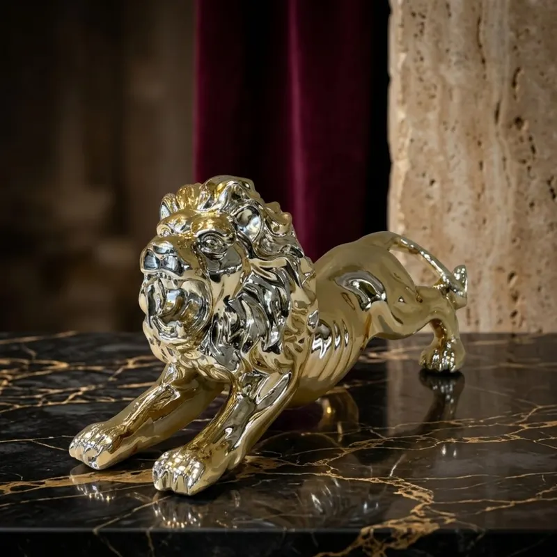Luxury Metallic Roaring Lion Tabletop Sculpture