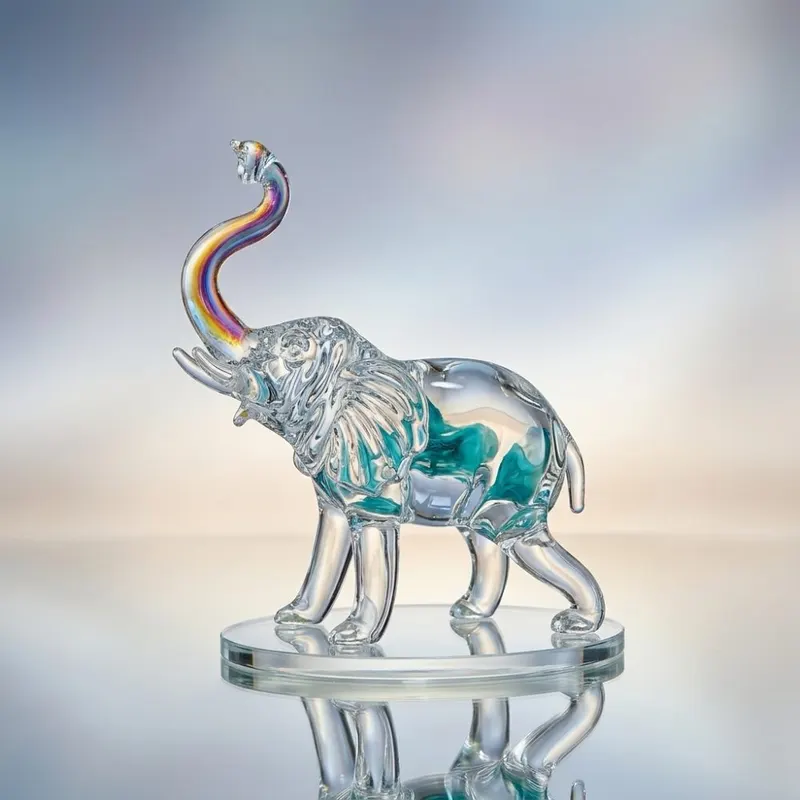 Hand-Blown Iridescent Art Glass Elephant Figurine with Disc Base