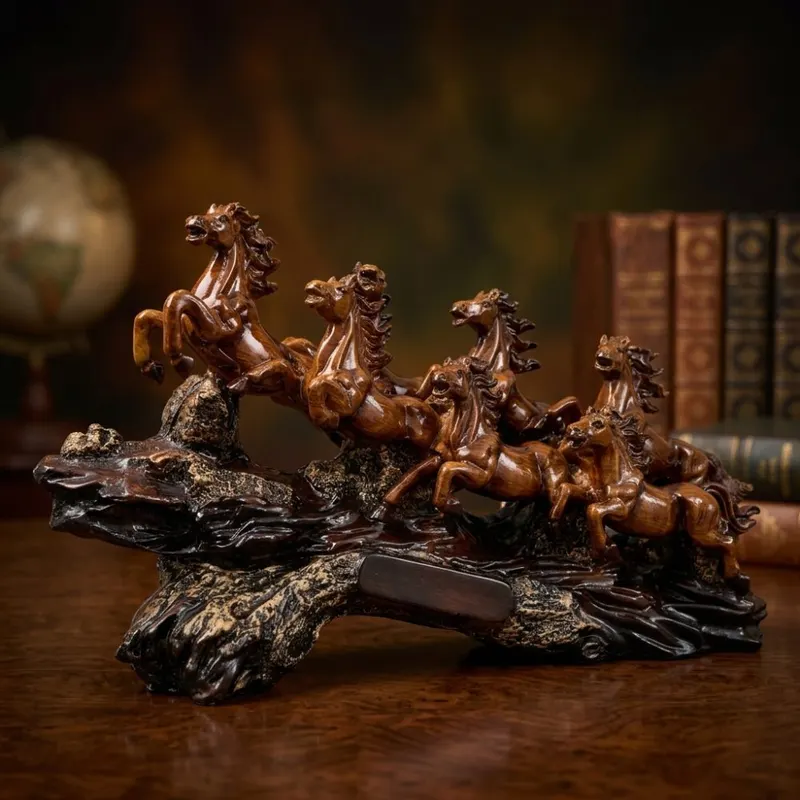 Feng Shui Faux Wood Carving Galloping Horses Statue