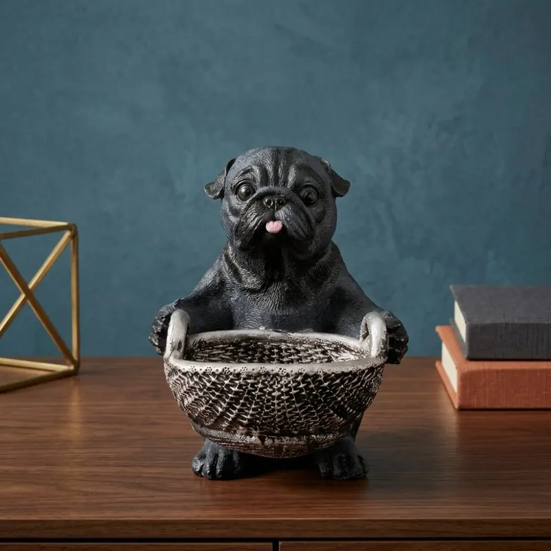Charming Black Pug Holding Basket Storage Bowl