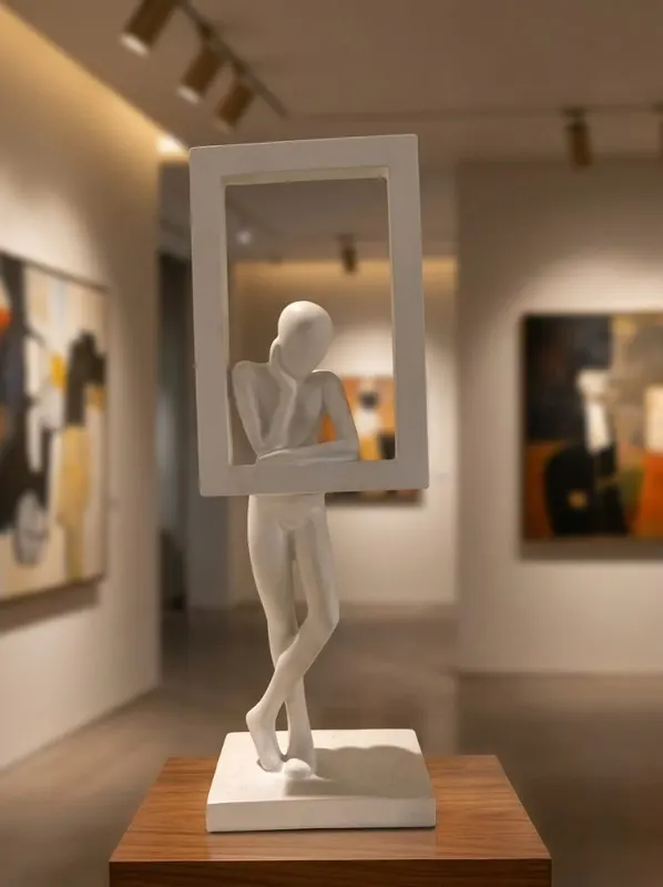 Thinker in Frame Matte White Human Figurine
