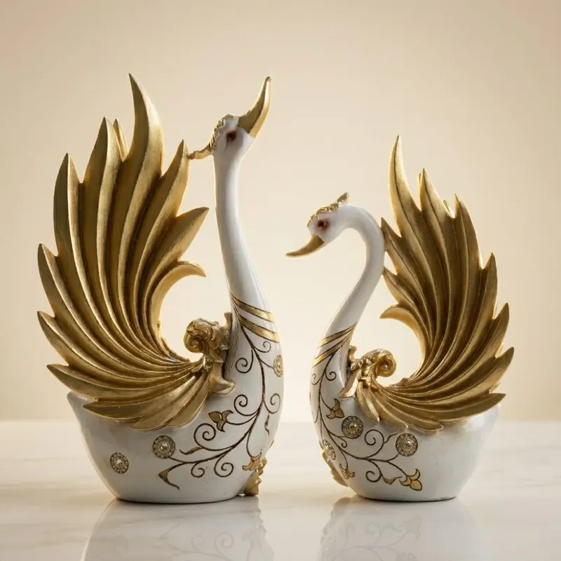 Luxury Golden-Winged Resin Swan Couple