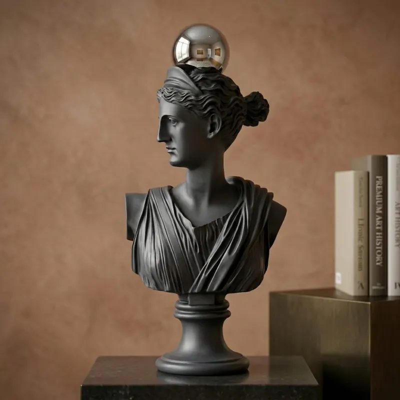 Neo-Classical Matte Black Greek Goddess Bust Sculpture