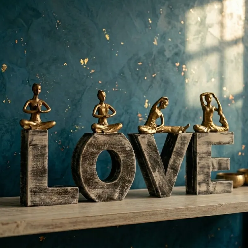 Rustic Wood-Look "LOVE" Letter Yoga Figurines Set